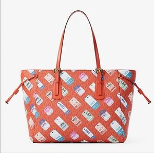Michael Kors Orange Voyager Printed Logo Tote with Multicolor Tag Motif